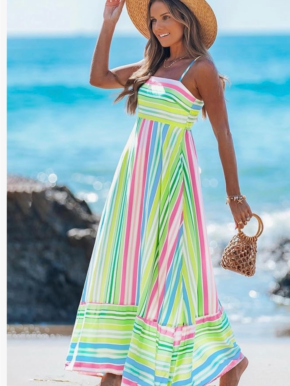 Pastel Stripe Spaghetti-Strap Maxi Dress - Pink & Green